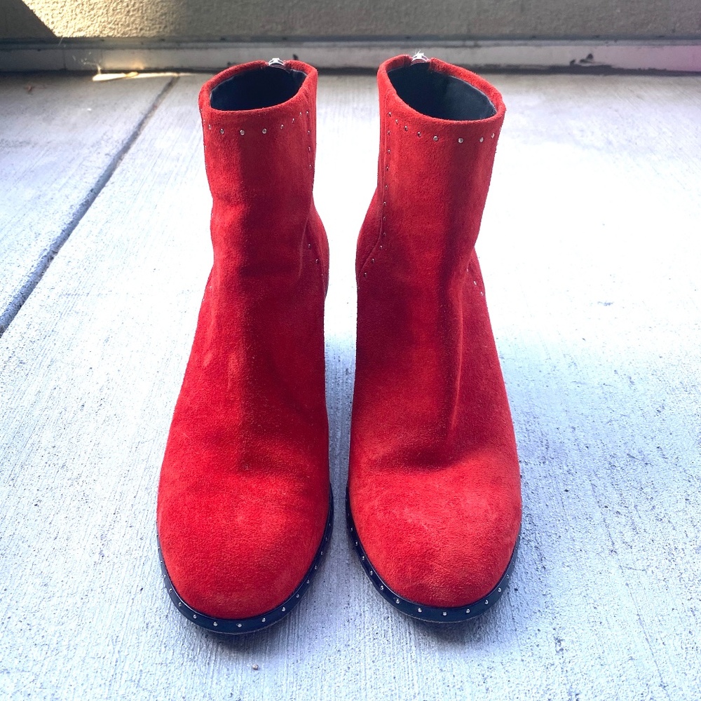 "Rag and Bone" red suede studded bootie. Please look at pics marks outside boot